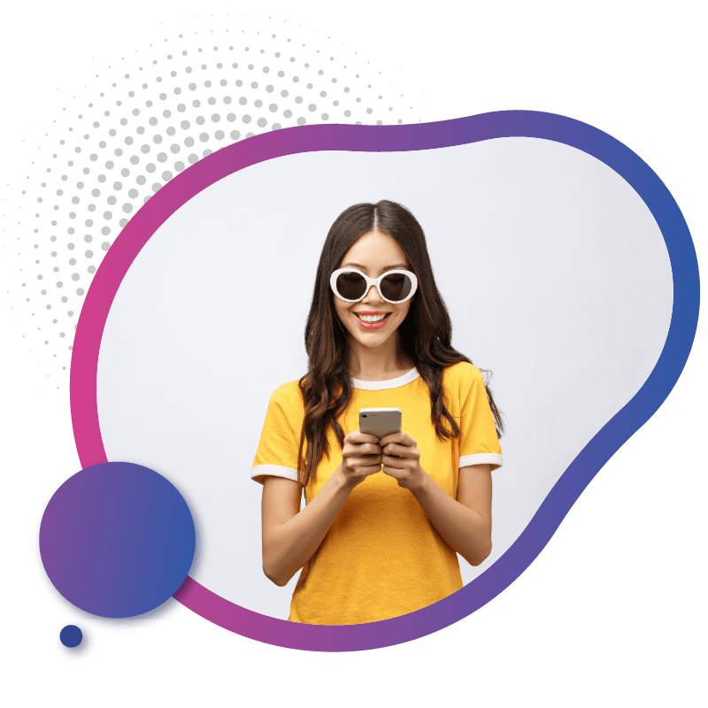 A women in a yellow shirt holds a smartphone, wearing white headphones, against a colorful abstract background, symbolizing Australia as a leader in eSIM technology for modern connectivity.