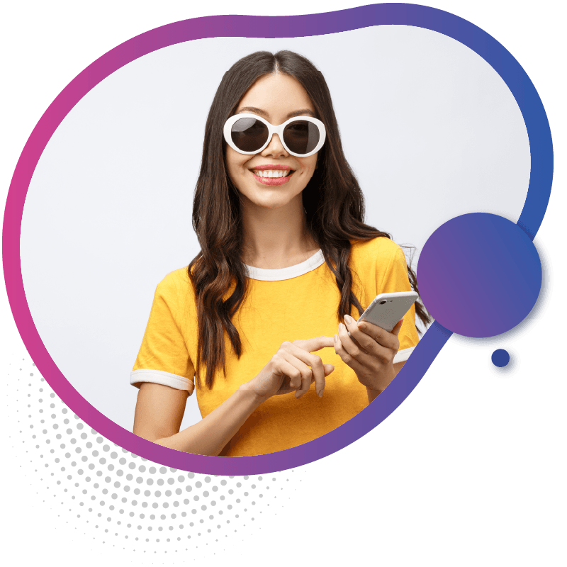 A young woman in a yellow shirt holds a smartphone, appearing engaged in a conversation, set against a soft, colorful background, symbolizing the global access and seamless connectivity offered by eSIM technology in Australia.