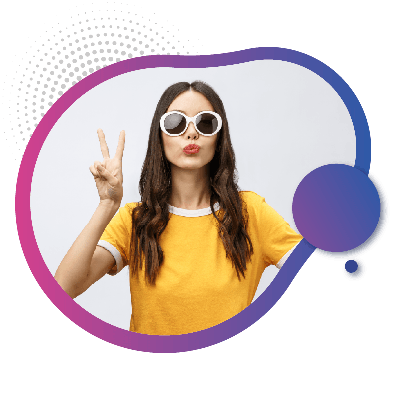 A women wearing a bright yellow shirt makes a peace sign with their right hand, surrounded by a colorful abstract frame, symbolizing Australia's readiness for seamless connectivity with eSIM technology.