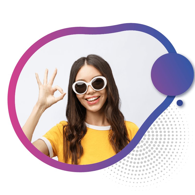A women wearing a yellow shirt makes an 'okay' hand gesture against a white background within a colorful circular frame, symbolizing the reliable data and secure connectivity provided by eSIM technology in Australia