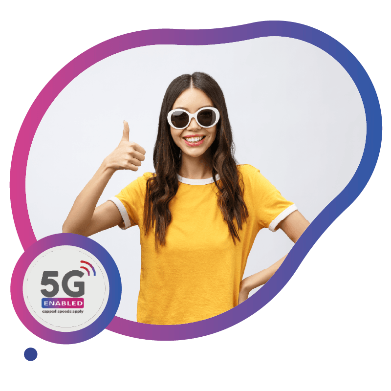 A women in a bright yellow shirt gives a thumbs-up gesture, promoting 5G technology, with a colorful graphic background, symbolizing seamless mobile access and advanced connectivity through eSIM technology in Australia.